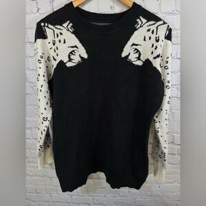 Leopard Black Cream Crew Neck Casual Chic Trendy Glam Ribbed Cuff Hem Sweater L